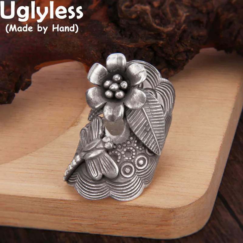 

Uglyless Thailand Stylish Wide Exaggerated Women Ethnic Rings Long Thai Silver Flowers Dragonfly Ring 925 Silver Exotic Jewelry