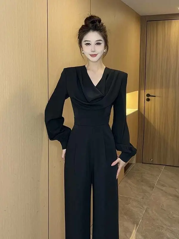 

Spring 2026 Bla Slim Fit Casual Long Sve Pants High Waist Wide Leg Polyester Fiber Faionable Versatile D3429