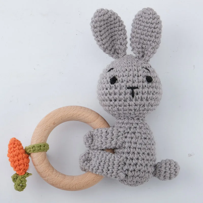 1pc BPA Free DIY Crochet Elk Fox Bee Baby Teether Wooden Teether Ring Rattle Newborn Teething Nursing Soother Molar Educational