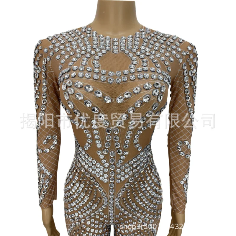 Grid Design Long-sleeved One-piece Rhinestone Wind Female Singer DJ Reception Night Party Performance Suit Spider Slinky Dresses