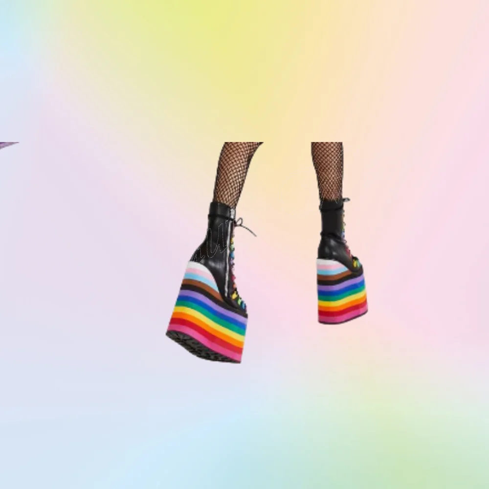 Regenbogen Farbe Ferse Stiefeletten Keile High Heels Schnür Reiß verschluss runde Zehen dicke High