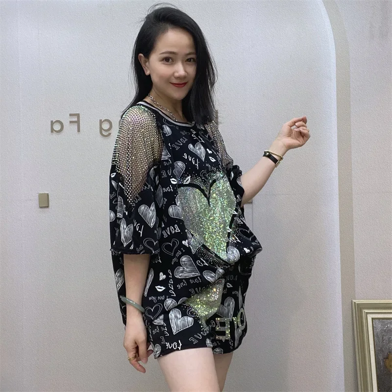2026 Summer Clothing Two Piece Sets Womens Outfits Love Diamonds Strapless Tracksuit Casual Loose Tops and Shorts Ensemble Femme