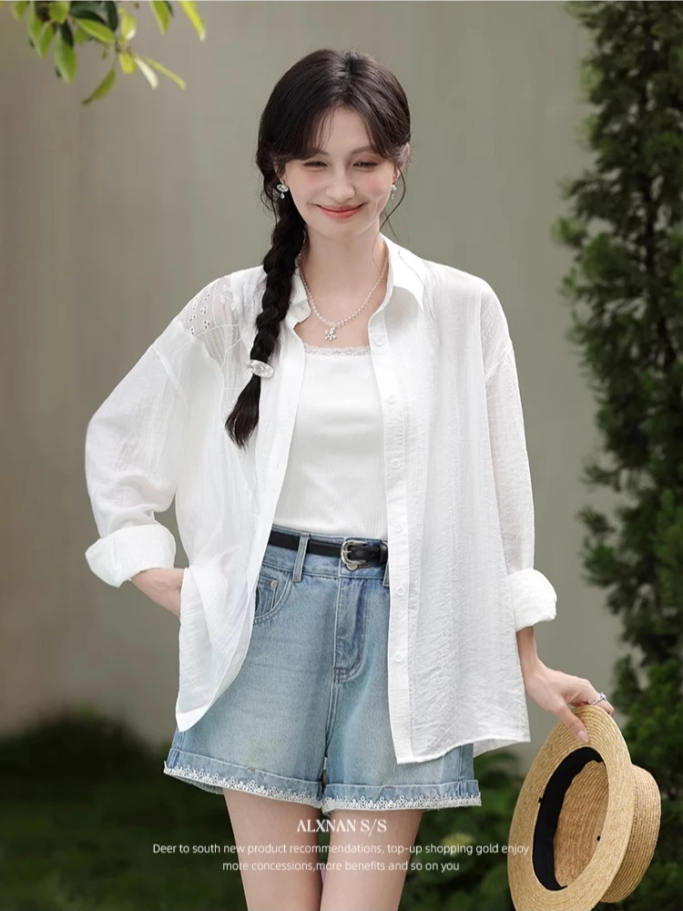 

ALXNAN White Women's Shirt Casual Beach Sunscreen Long Sleeve Blouses Summer Elegant Loose-fit Holiday Ladies Clothing L56279