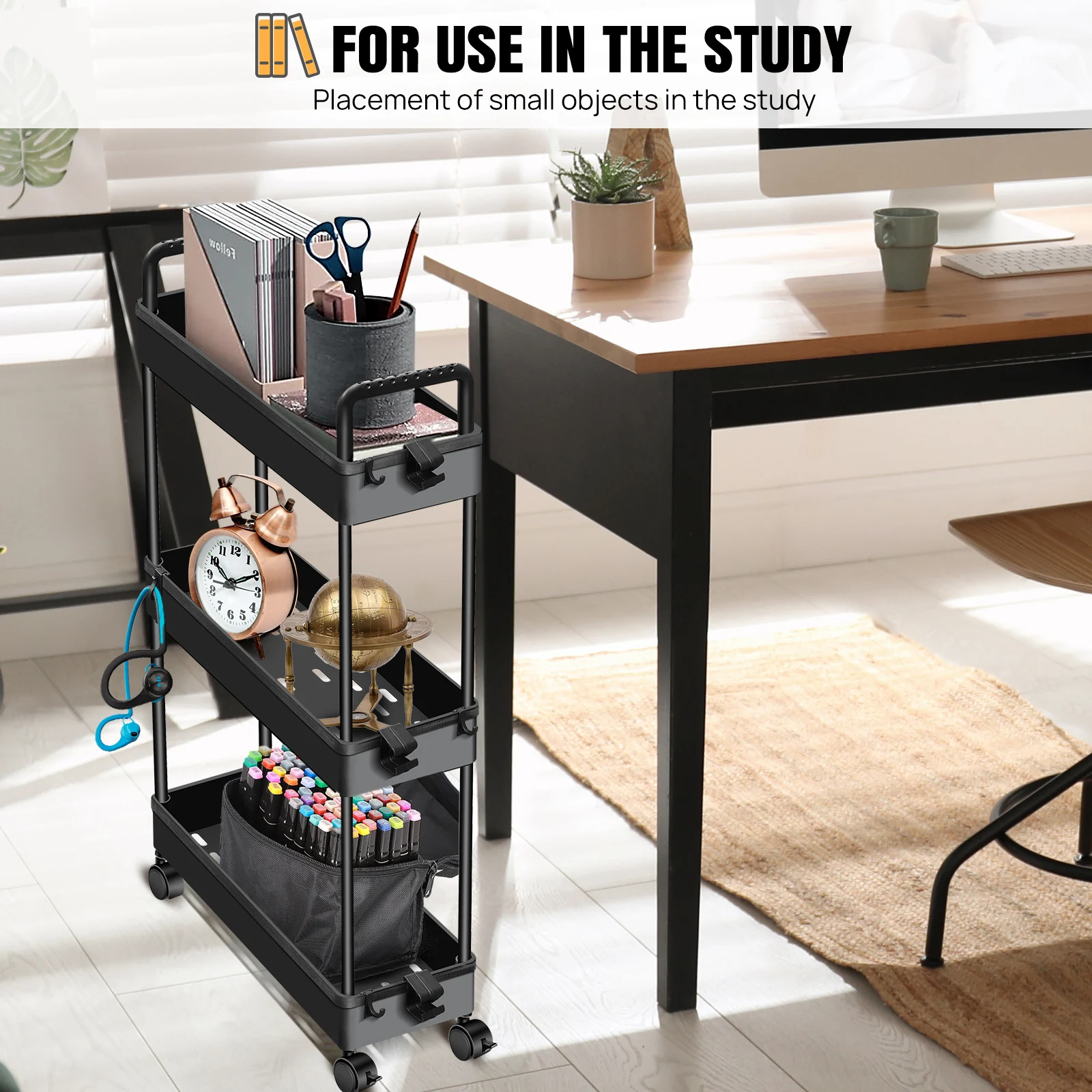 360 °   عربة تخزين متنقلة بعجلات دوارة، إطار فولاذي من 3 طبقات مع خطافات للمساحات الضيقة وغرفة نوم المطبخ والحمام