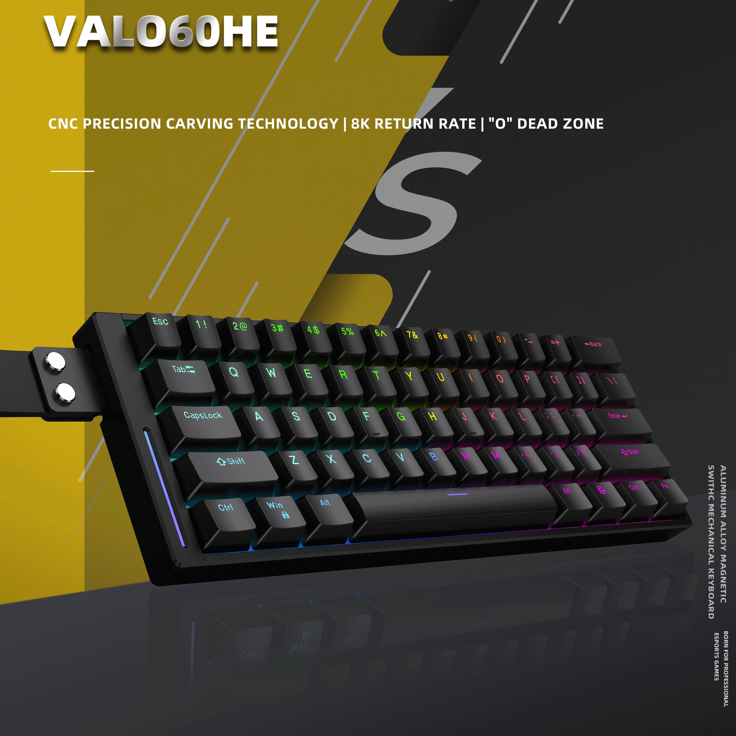 

VALO60HE Esports Wired Mechanical Keyboard Black 60% Aluminum CNC Magnetic Switch Rapid Trigger 0.01mm 8K SOCD Gaming Keyboard
