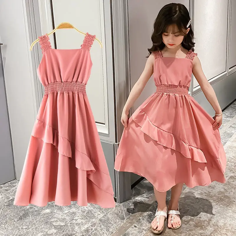 2024 teenager Summer Kids girls flounce chiffon Fold Dresses Formal Princess Children braces skirt 4 5 6 7 8 10 11 12 13 Years