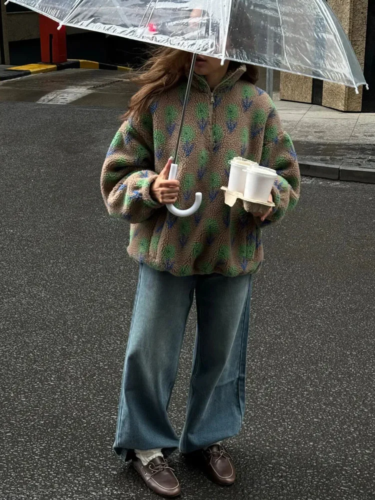 MCDV Bluzy polarowe z nadrukiem vintage, damska moda, kontrastowe, luźne bluzy z krótkim zamkiem, jesienno-zimowe, codzienne topy streetwear