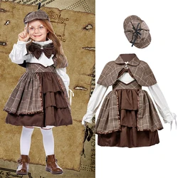 Girls Detective Cosplay Lolita Dress Kids Preppy Pastel Birthday Theme Disguise Party Clothes Children Shawl Glasses Hat Outfits