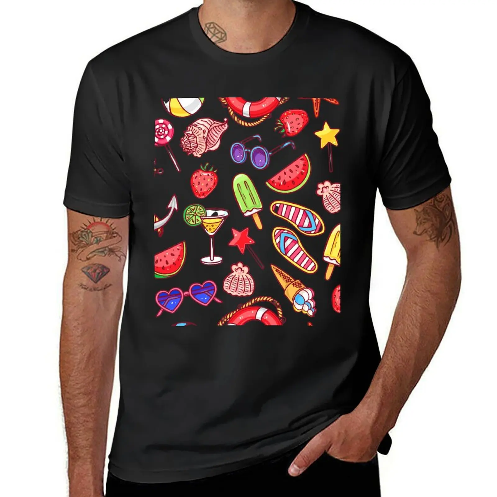 

Sweet Summer Whimsy: Hand-Drawn Shells, Ice Cream, and Strawberry Illustrations funny t-shirt. T-Shirt