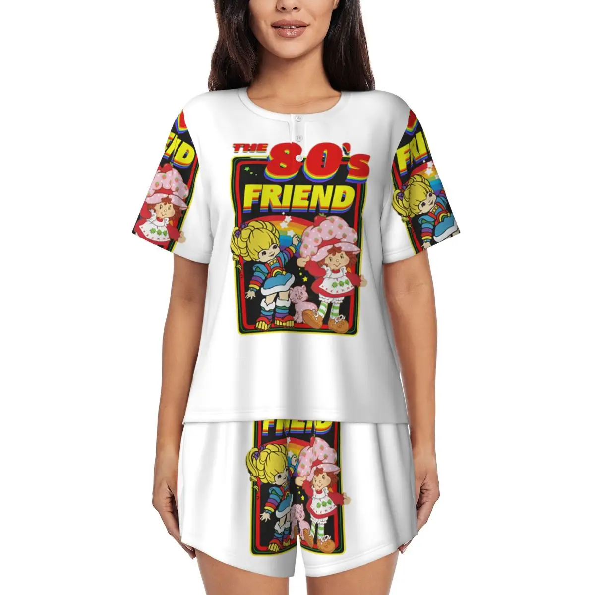 

Rainbow Brite - женская ночная рубашка с круглым вырезом и короткими рукавами в стиле 80-х годов, мягкий пижамный комплект с короткими штанами для сна