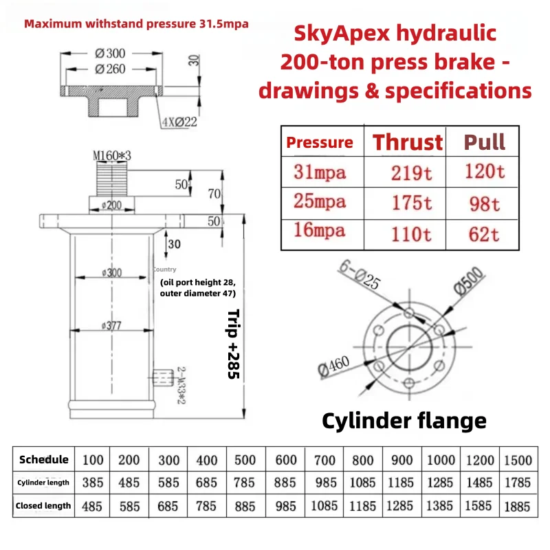 Powerful 150Ton 200Ton Double Acting Hydraulic Cylinder For Packing Press Top Bottom Flange