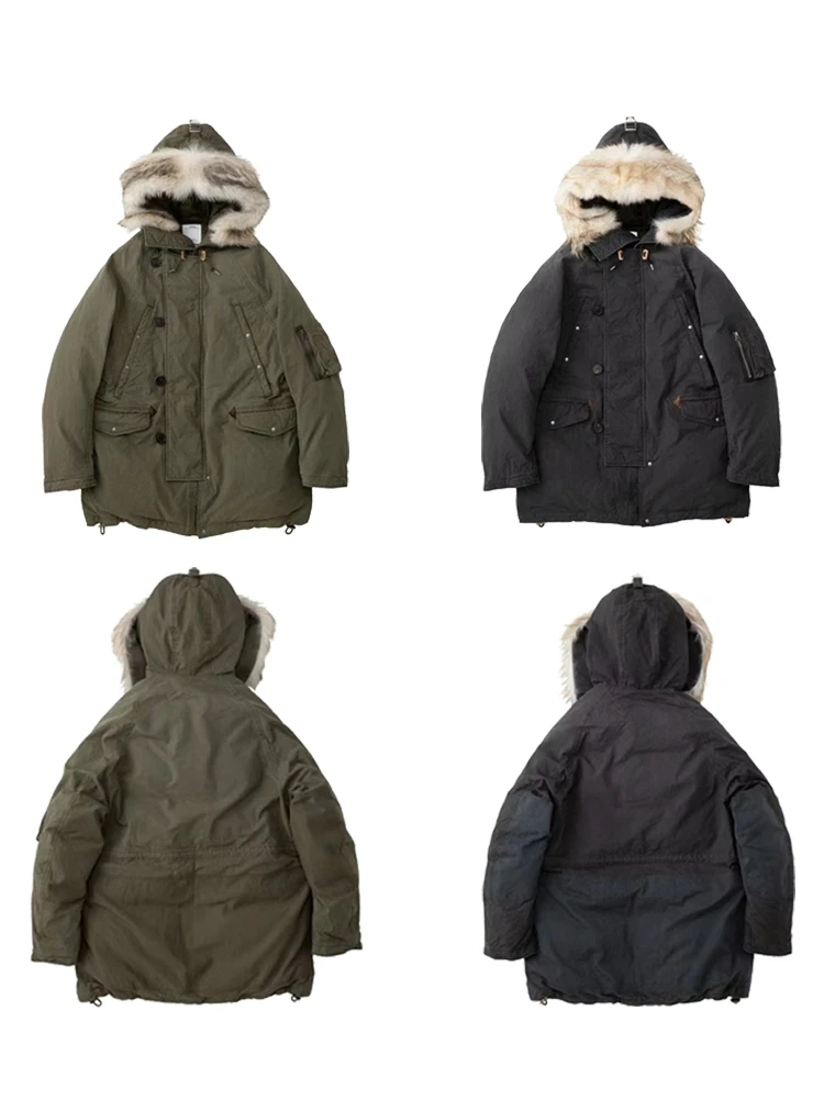 VISVIM FIL-Ganso Branco Down Jacket, Valdez Down Coat, Gola De Pele De Lobo, Tingido De Lama Lavado, 22AW