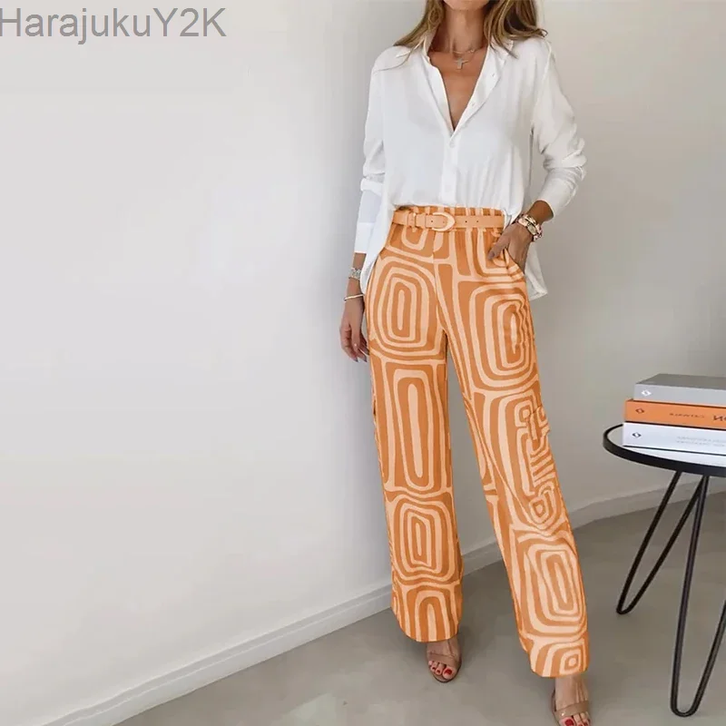 

Two Piece Set Women Office Fashion Lapel Long-Sleeved Shirt Solid Single Breasted Button Top Printed Pants Sets No Belt