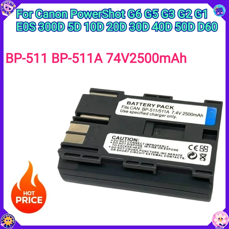 

Новый сменный аккумулятор BP-511A BP-511 7,4 В 2500 мАч для Canon PowerShot G6 G5 G3 G2 G1 EOS 300D 5D 10D 20D 30D 40D 50D D60