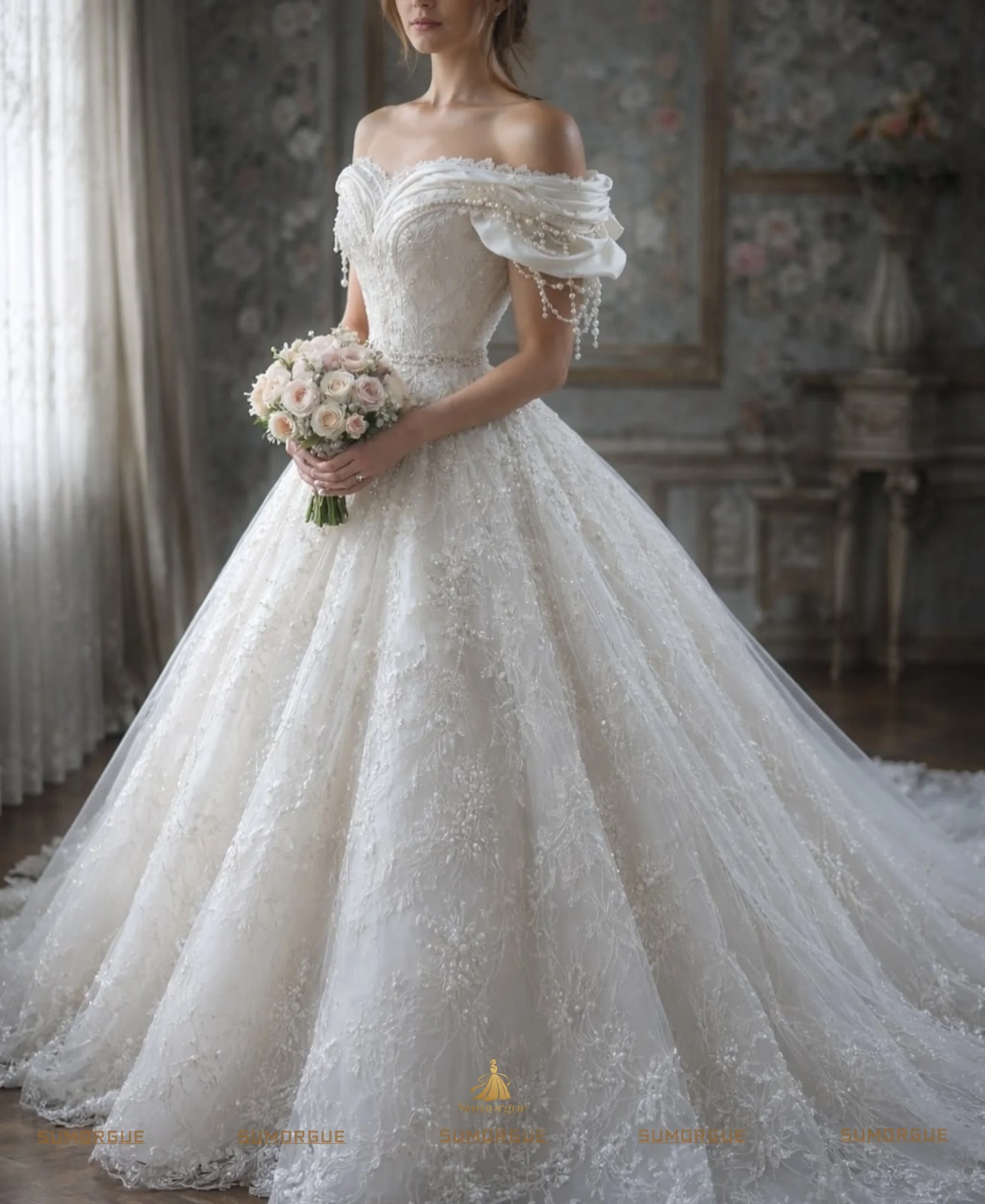 Elegant-Shiny A-Line Lace Bead Decoration Off Shoulder Wedding Dress Trailing Bridal Gown  High-end Customized Vestidos De Novia
