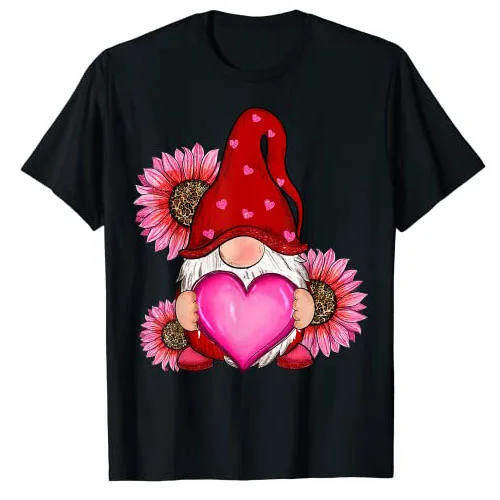 

Happy Valentine's Day Gnome with Leopard Sunflower Valentine T-Shirt Gifts Cute Graphic Tee Tops Short Sleeve Basics Outfits