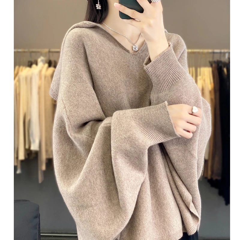 

100% Merino Wool V-neck Loose Pullover Women's Solid Color Bat Sleeve Fashion Sweater Lapel Korean Women's Clothes 2025 New