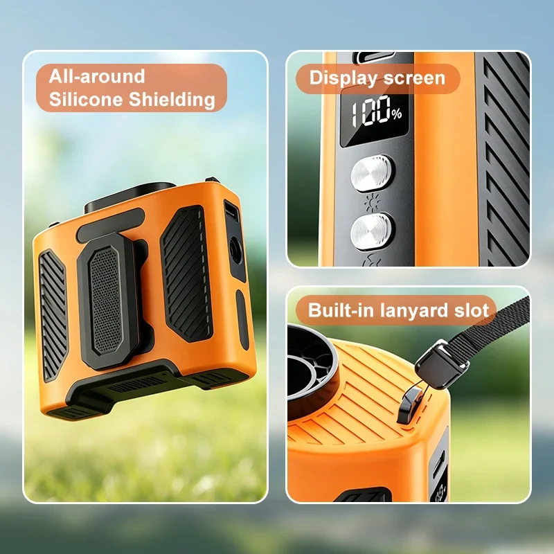 10000mAh Outdoor Waist Clip Fan Handheld Hanging Neck Fan 5-Speed Strong Wind Dual Air Vents USB Rechargeable Power Bank