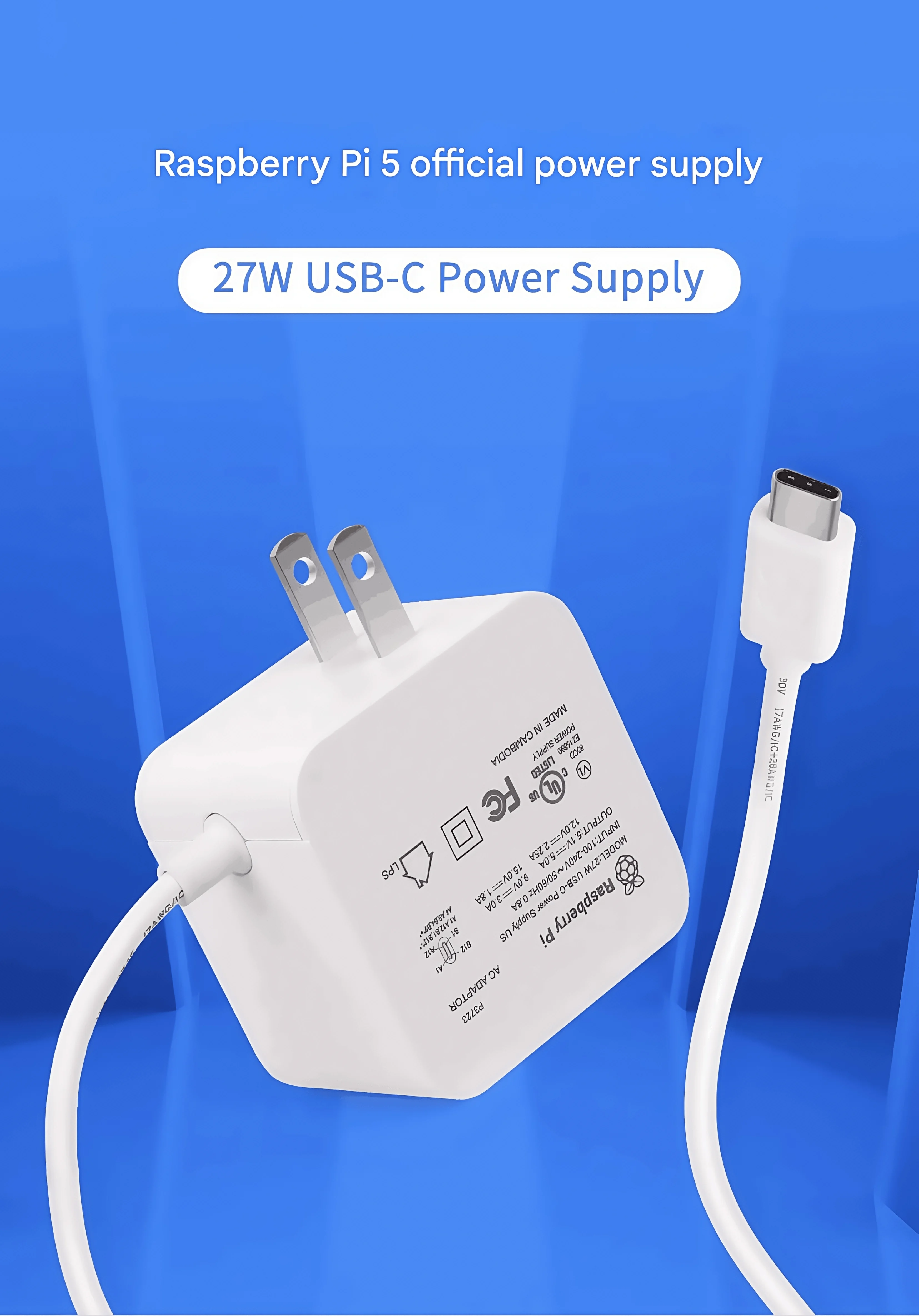 

Raspberry Pi 5 official power supply 27W USB-C official power supply 5.1V5A adapter supports PD standard