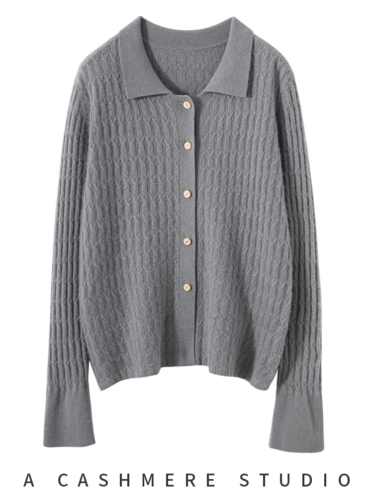 New Knitted Autumn Winter Women Cardigan Pure Cashmere Polo Collar Flare Sleeve Twist Flower Thick Cashmere Sweater Female Cloth