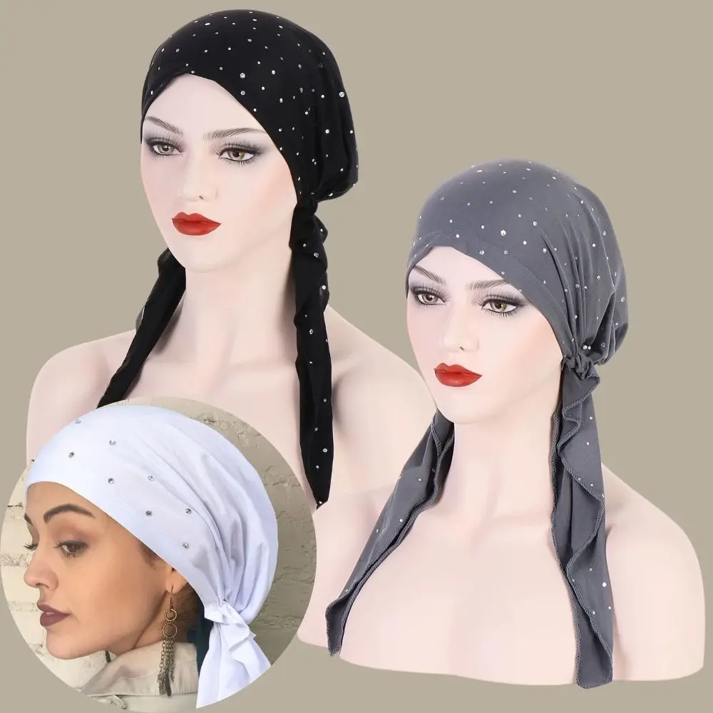 Moda turbante Hijab con strass Decor donna interno Hijab cofano Solid Diamond Turban Caps India Head Wrap cappelli per signora nuovo