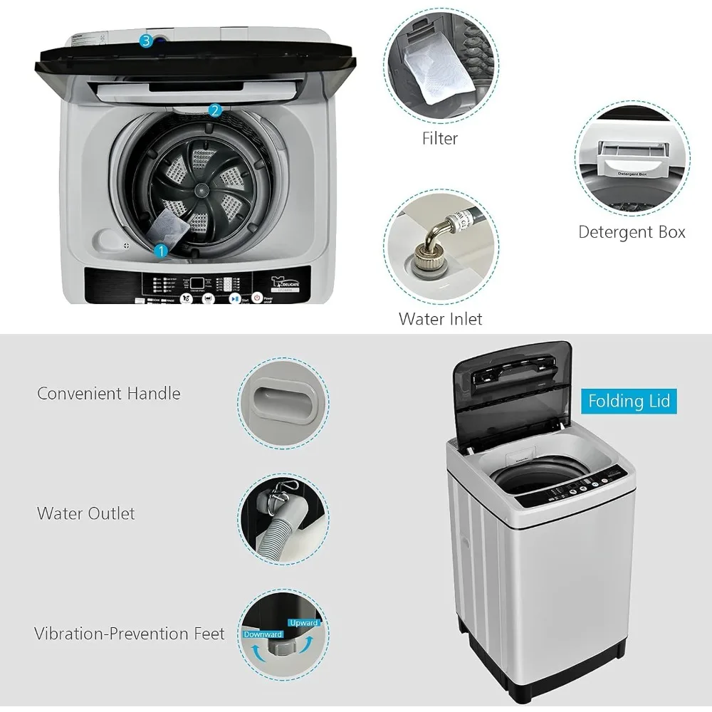 2 in 1 Portable Full Automatic Washing Machine,  1.5Cu.Ft 11lbs Capacity Washer and Spinner Combo 8 Programs 10 Water Levels