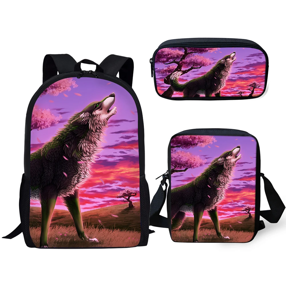 Popular Youthful Fantasy Moon Wolf 3D Print 3pcs/Set Student Travel bags Laptop Daypack Backpack Shoulder Bag Pencil Case