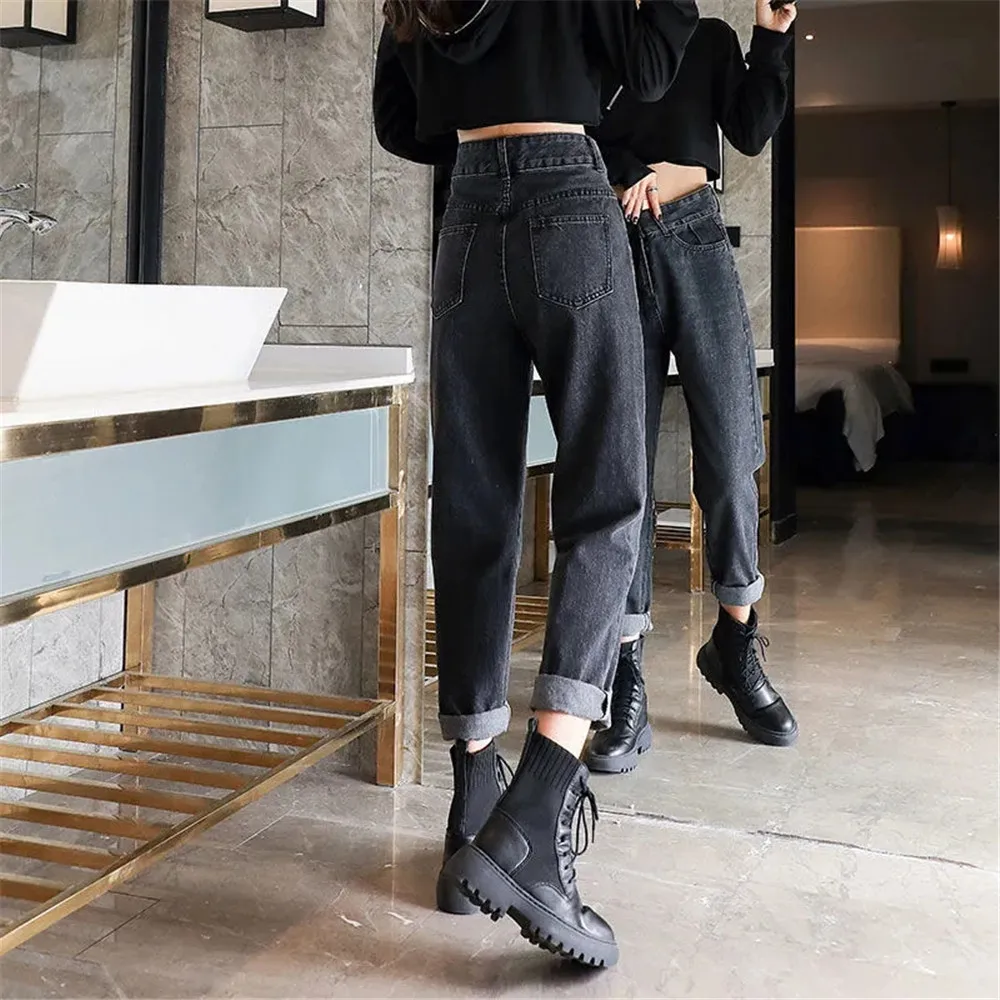 Pantalones vaqueros rectos de cintura alta para mujer, ropa gris, pantalones vaqueros Vintage de los años 90, Kpop Y2k, pantalones vaqueros informales holgados con bolsillos oblicuos