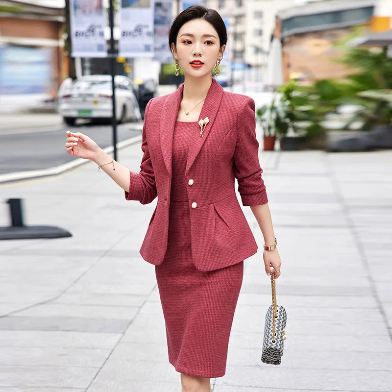 High Quality Fabric Formal Professional Women Business Suits with Blazer Coat and Dress OL Styles Ladies Office Work Wear Set