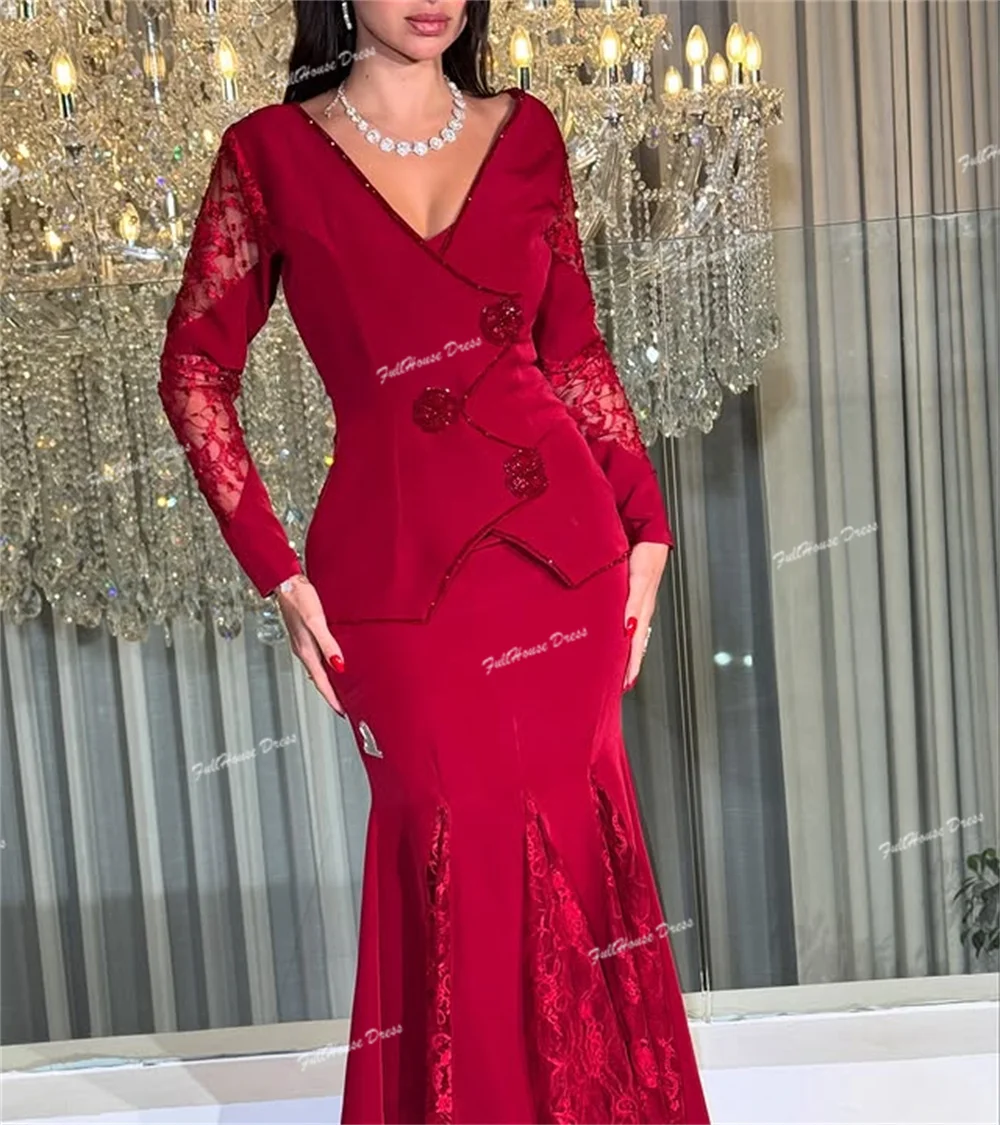 فستان سهرة أنيق مصنوع حسب الطلب برقبة على شكل حرف V فستان زفاف مثير بأكمام طويلة مع دانتيل بطول الأرض فيستدوس دي