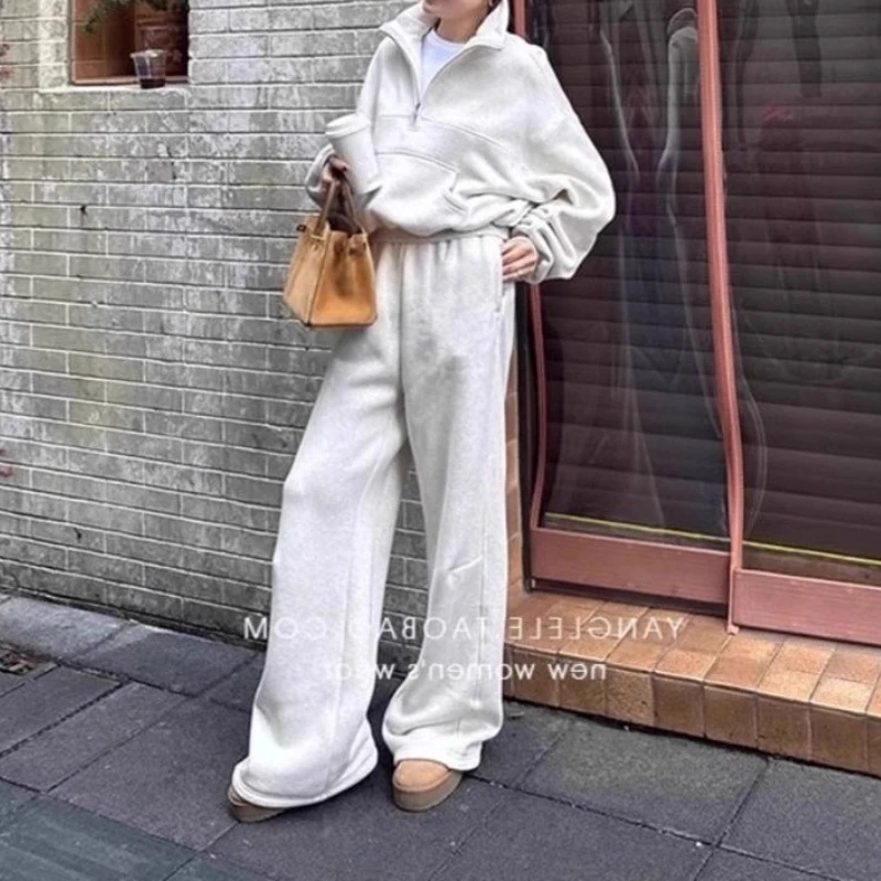 

Casual Sweatshirt Women's Suit 2025 Autumn/winter New Loose Wide-leg Pants, Straight-leg Floor-length Pants, Cropped Jacket