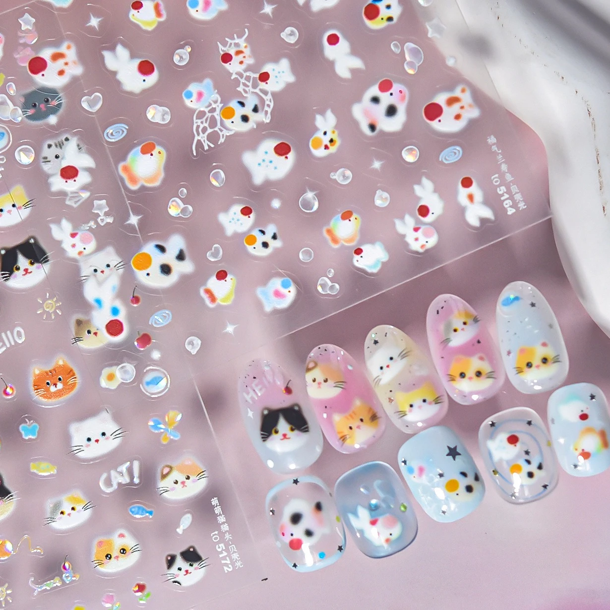 

lovely Halo Dyeing Cat Kitten Candy Cherry Apple Knitting Wool Ball Flower Ranchu Fish Adhesive Nail Art Stickers Manicure Decal