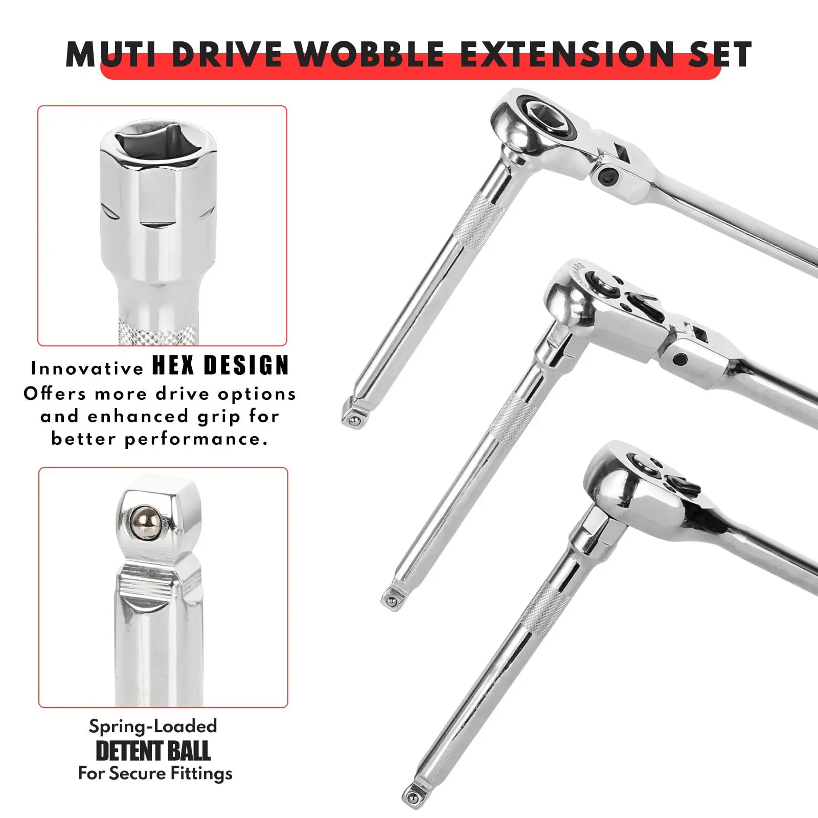 

9Pcs Wobble Socket Extensions Set, Ratchet Extensions 1/4" 3/8" 1/2", Wobble Extensions, Drive Socket Extension Length Bar Set