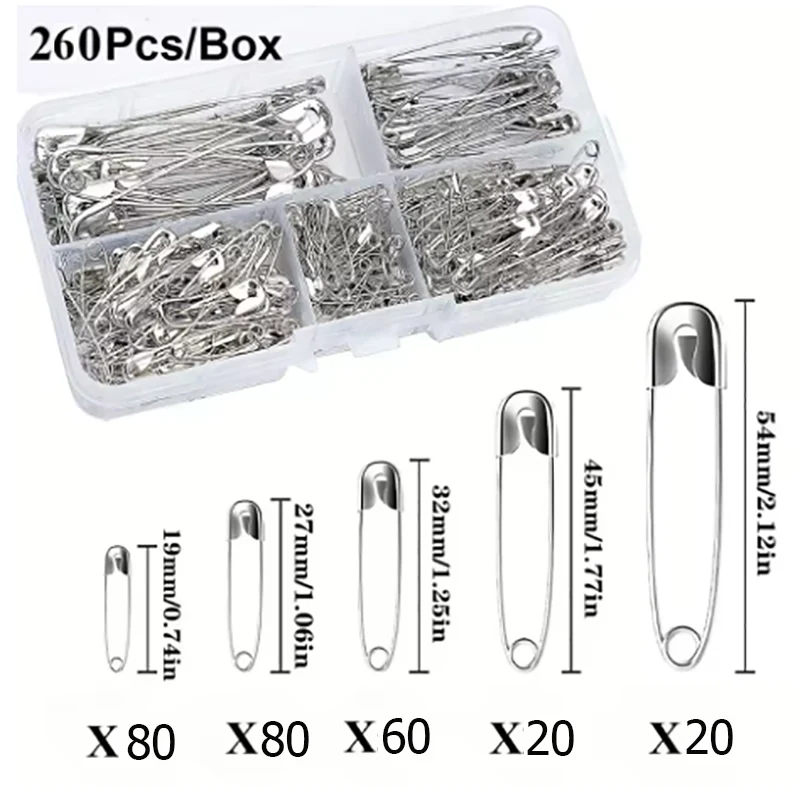 

260Pcs/Box Safety Pins 5 Different sizes Silver Safety Pin Clothes Safety Pin Sewing Kits Meet a Variety of Needs