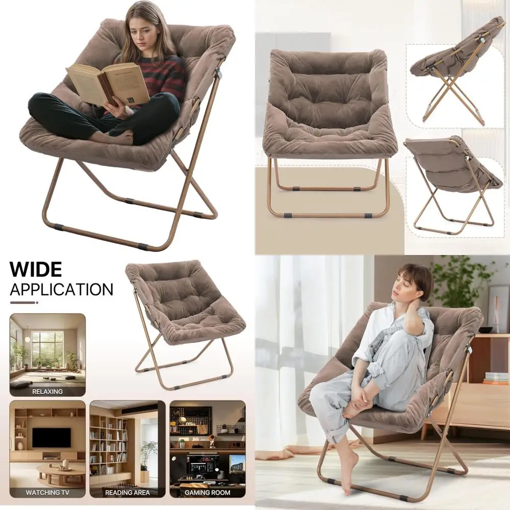 

Brown Square Faux Fur Folding Chair, Comfortable Metal Frame Reading Chair for Bedroom and Living Room