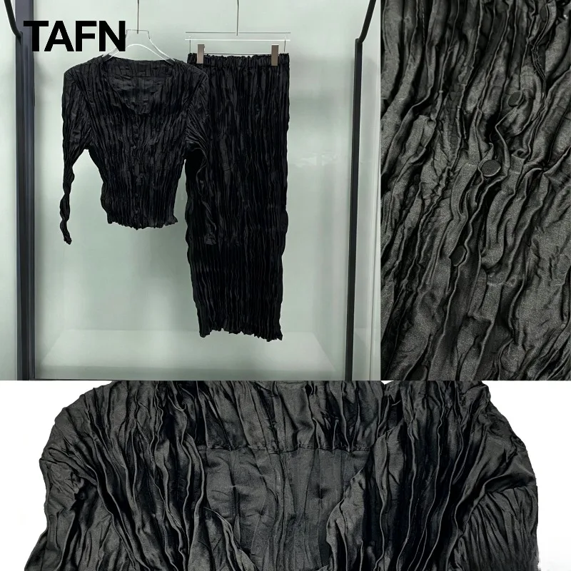 Miyake Pleated Autumn New 2026 Handmade Twisted Satin Willow Pleated Two-Piece Set Casual Long Sleeve Cardigan and Skirt Set