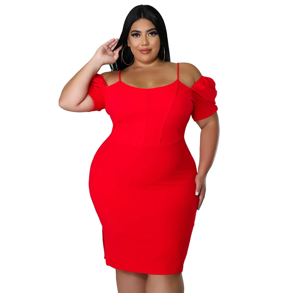 WSFEC L-4XL Plus Size Women Clothing Short Sleeve Solid Color Halter Bodycon Sexy Dresses Split Party Mini Dress Dropshipping