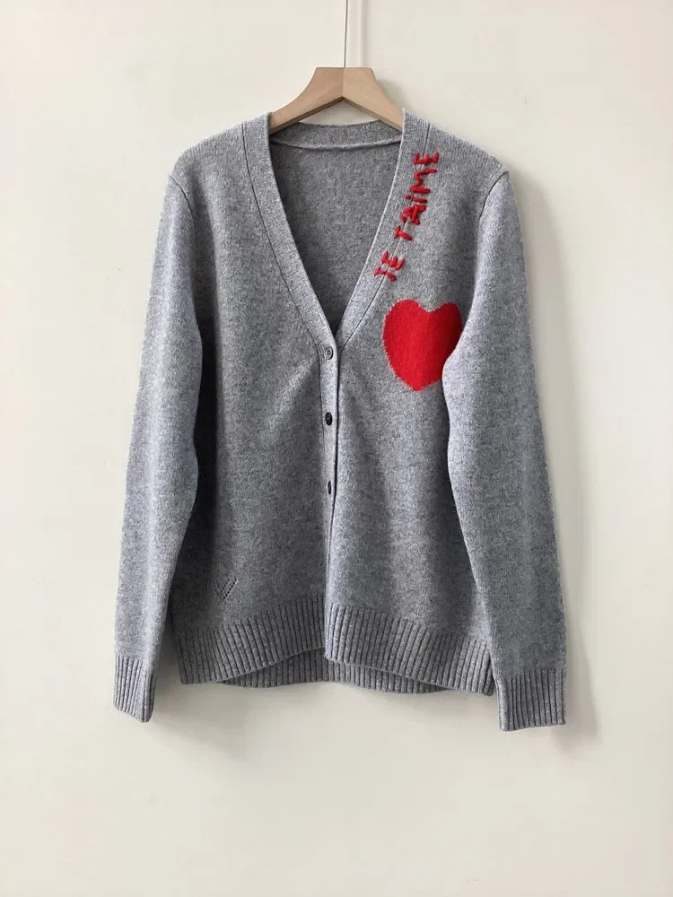 Autumn Women‘s 100% Cashmere Cardigan Heart Shaped Letter Embroidery V-Neck Single Breasted Long Sleeve Casual Ladies Sweater