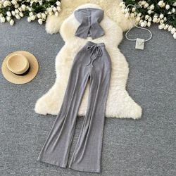 Chic Women Two-Piece Sets Vintage Sleeveless Strapless Tank Top High Waist Draw String Pants Korean High Street Autumn Clothing