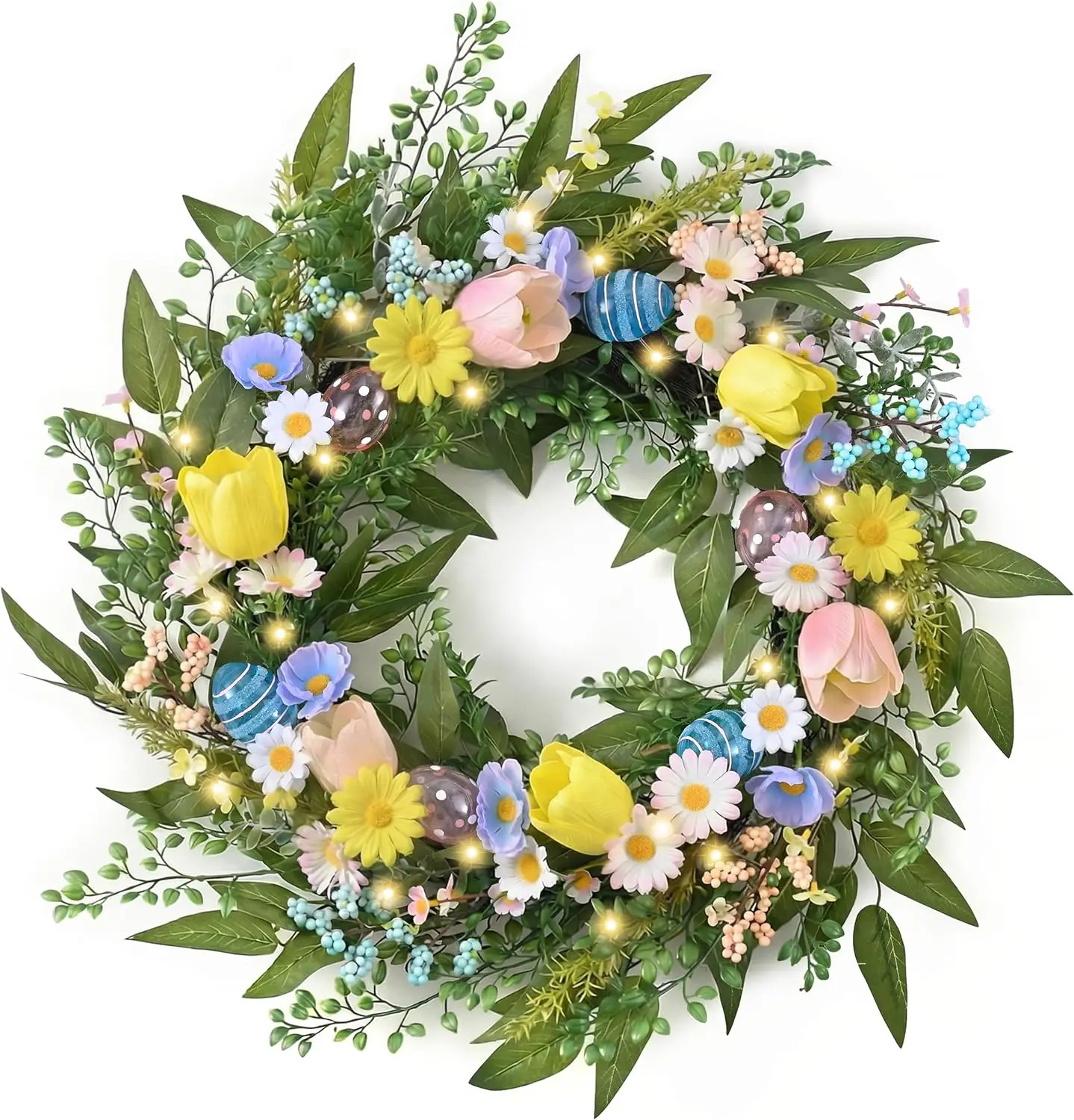 

24-дюймовый складной пасхальный венок с пастельными яйцами и ромашками, светодиодная подсветка для двери, стены, использования внутри и снаружи помещений