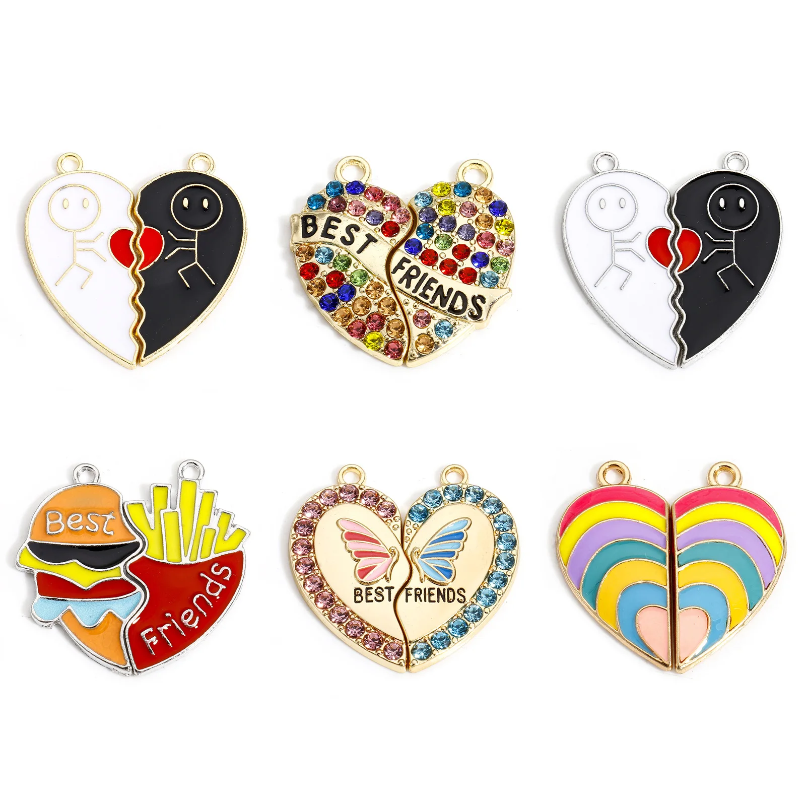 5Sets New Best Friends Pendants Gold Color Broken Heart Multicolor Enamel Rhinestone Charms DIY Necklace Earrings Women Jewelry