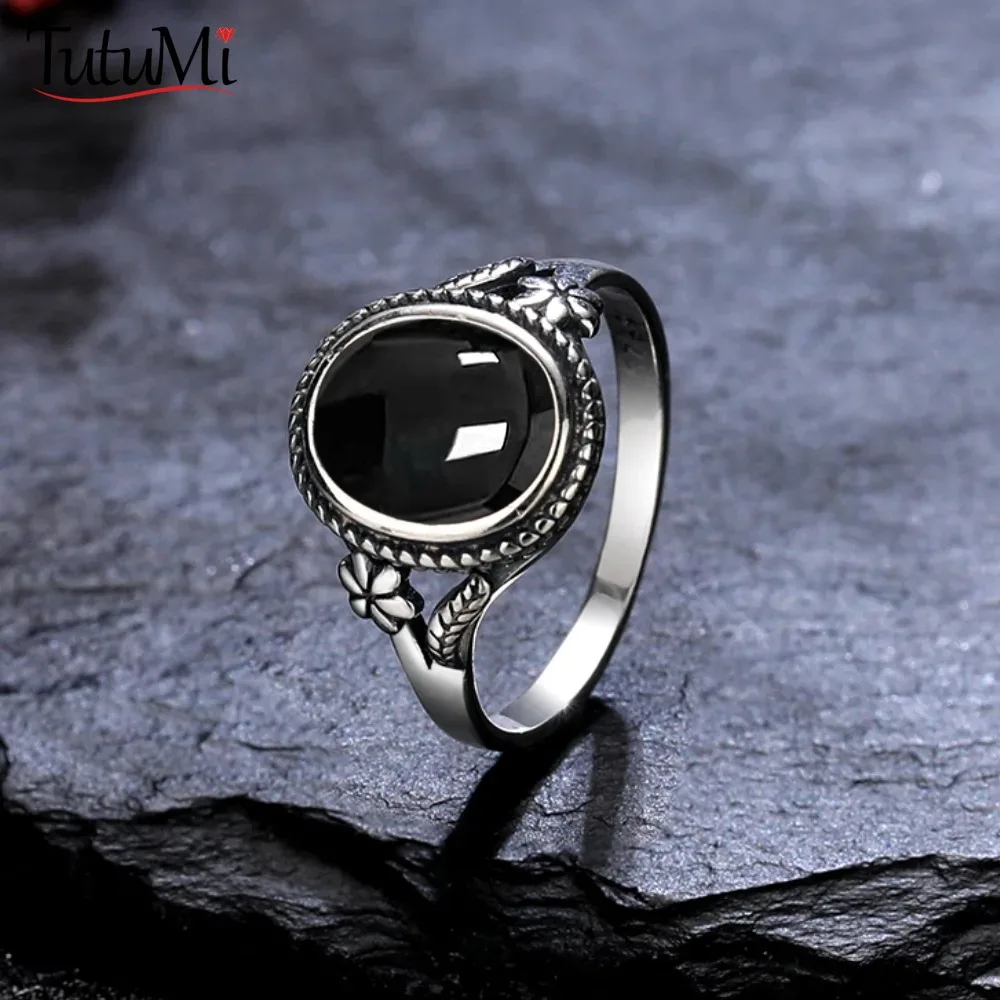 Cincin 8*10mm Onyx hitam alami perak Sterling 925 untuk wanita hadiah cincin mata harimau berbentuk bunga perhiasan mode