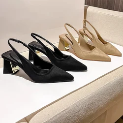 2024 Summer New Ladies Pointed Solid Color Shoes Simple Shallow Mouth Comfortable Women Outwear Back Strap Fashion Sandals Women