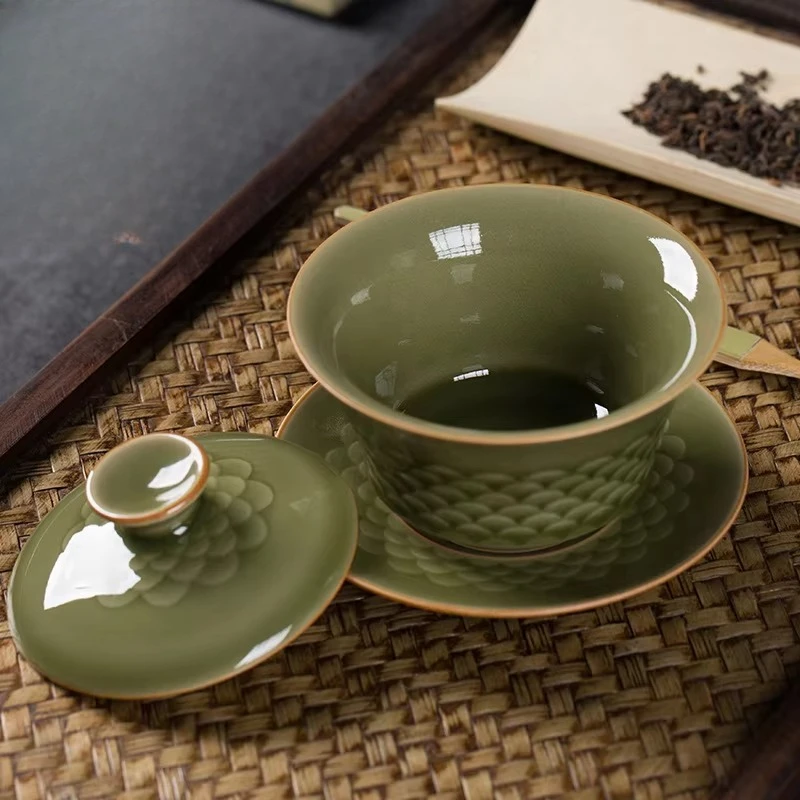 100ml Handmad Longquan Celadon Hand Grasping Gaiwan Fish Scale Three Talent Tea Tureen Tea Maker Cover Bowl Tea Ceremony Gift