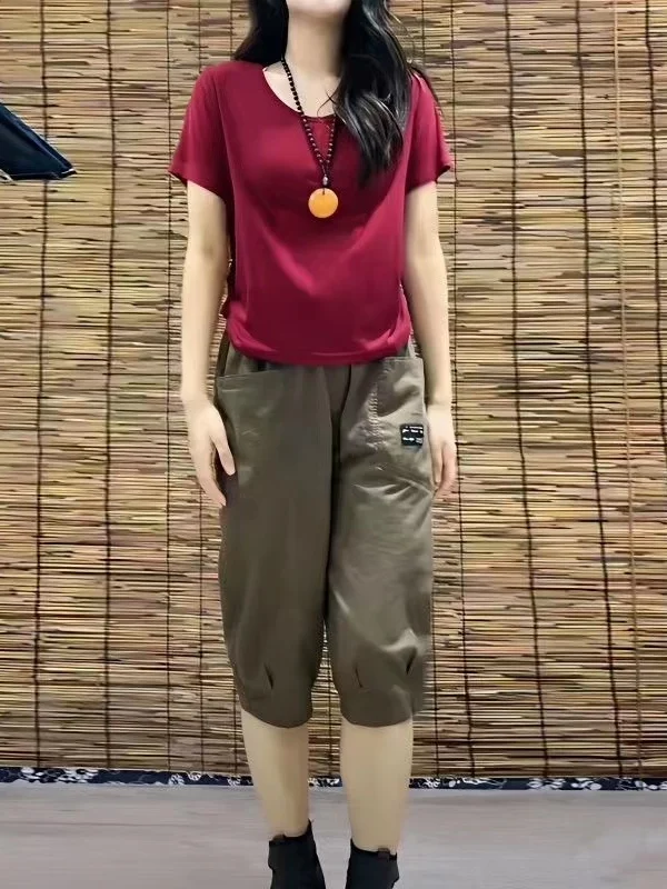 

Летний новый женский свободный комплект из двух предметов: модные брюки-капри с эффектом утягивания живота и топ, корейский стиль, высокая талия...