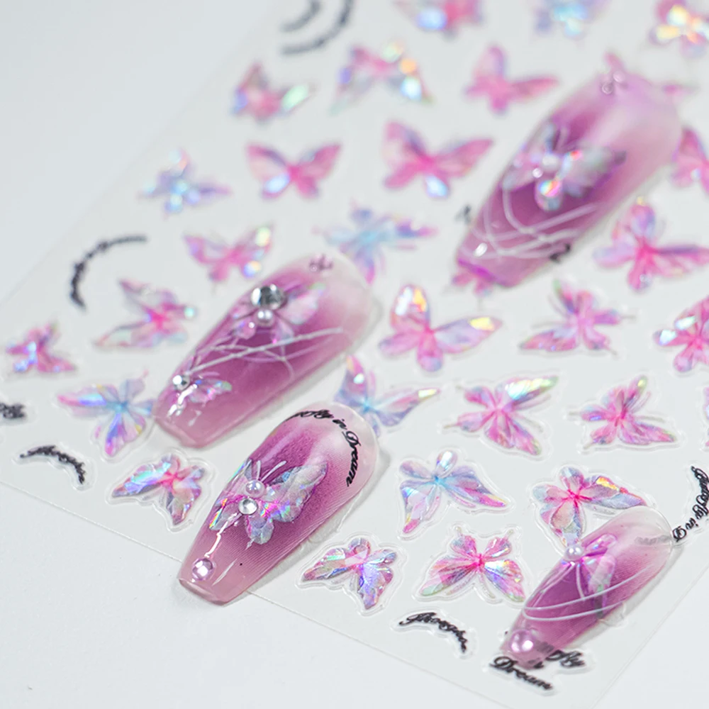 5D Aurora Crystal Diamond Butterfly Nail Art Sticker With Shell Laser Butterfly Nail Decal 8*10cm Glitter Butterfly Nail slider