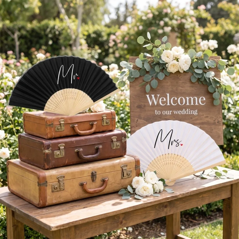 Large Mr Mrs Hand Fan Fan Crafts Folding Fan Husband Wife Couple Hand Fan Handmade Romantic Bride Groom Wedding Fan