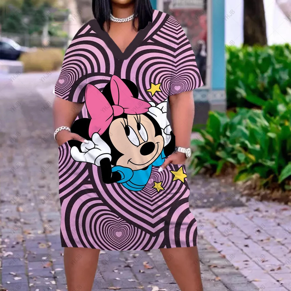 Gaun Longgar Kasual Musim Panas Wanita Baru Gaun Lengan Pendek Kerah V Motif Disney Minnie Mickey Gaun Pesta Bohemian Fashion 5XL