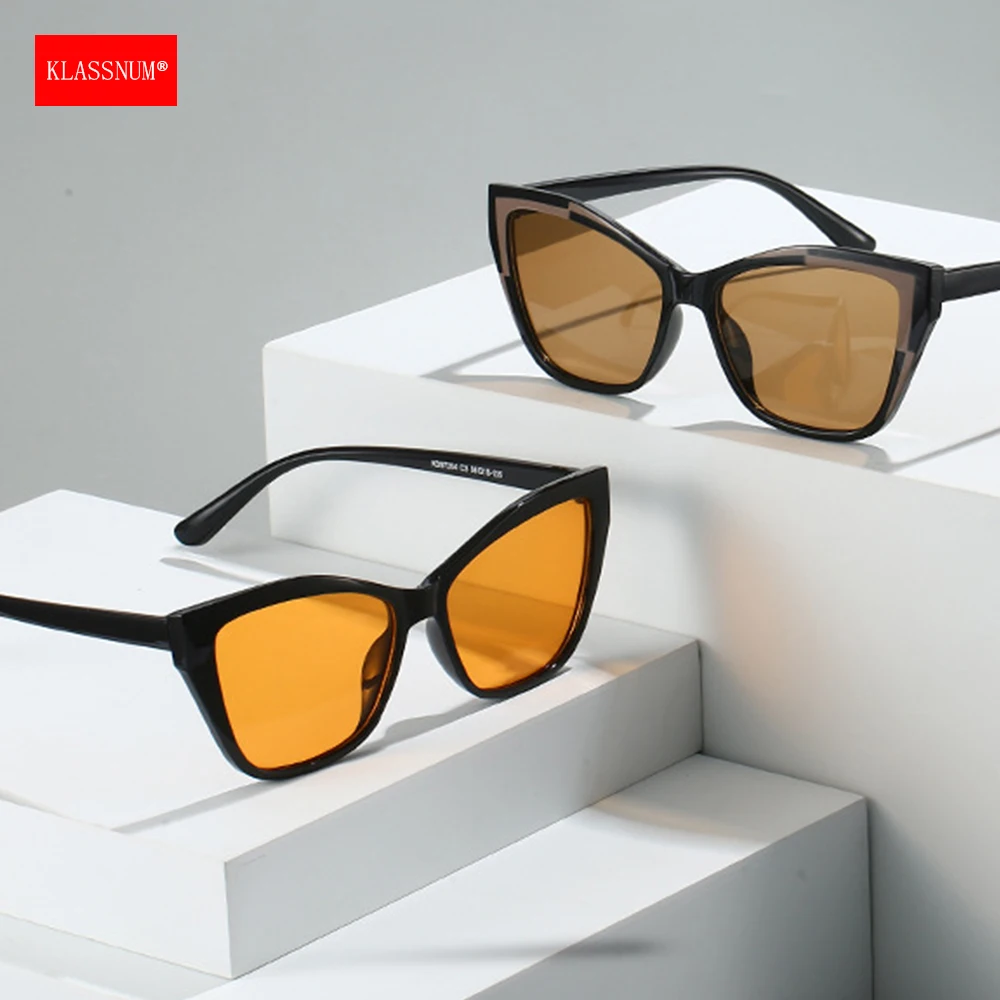 Cat Eye Sunglasses 2026 Trendy Women Color Block Frame Yellow Lens UV400 Protection Sun Glasses Decorative Eyepiece Wholesale