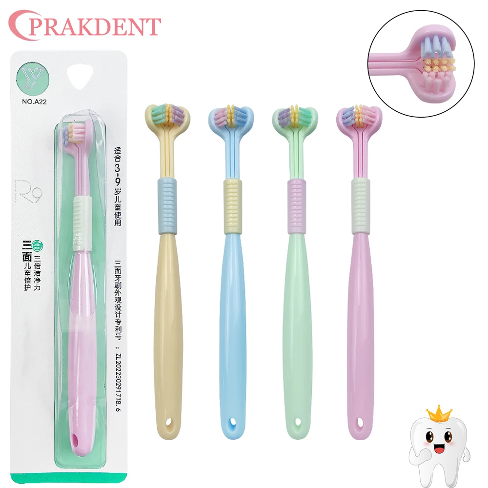 Brosse à dents à trois faces pour enfants, pour nettoyer les dents, tridimensionnelle, sans coins morts, poils souples, brosse à trois têtes, 2 pièces